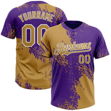 Laden Sie das Bild in den Galerie-Viewer, Custom Old Gold Purple-White 3D Pattern Abstract Brush Stroke Two-Button Unisex Softball Jersey
