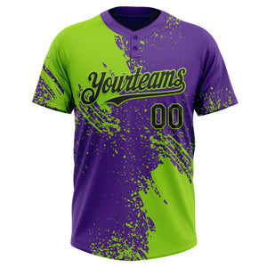 Custom Neon Green Black-Purple 3D Pattern Abstract Brush Stroke Two-Button Unisex Softball Jersey