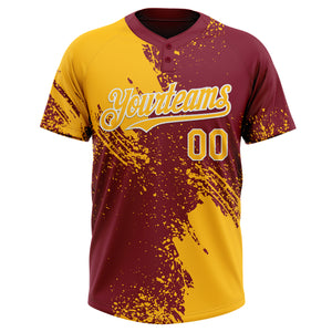 Custom Gold Crimson-White 3D Pattern Abstract Brush Stroke Two-Button Unisex Softball Jersey