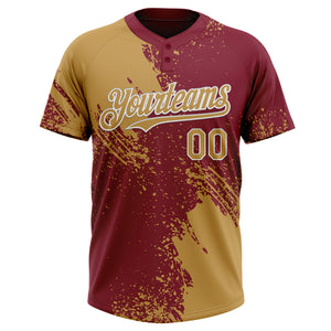 Custom Old Gold Crimson-White 3D Pattern Abstract Brush Stroke Two-Button Unisex Softball Jersey