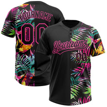 Загрузить изображение в средство просмотра галереи, Custom Black Pink 3D Pattern Hawaii Tropical Palm Leaves Two-Button Unisex Softball Jersey
