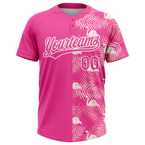 Custom Pink White 3D Pattern Tropical Palm Leaves And Famingo Two-Button Unisex Softball Jersey