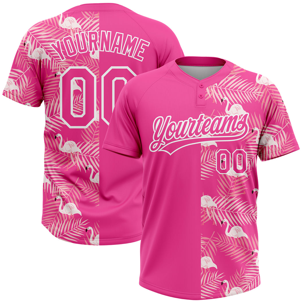 Custom Pink White 3D Pattern Tropical Palm Leaves And Famingo Two-Button Unisex Softball Jersey