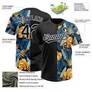 Custom Black White 3D Pattern Hawaii Tropical Leaves Two-Button Unisex Softball Jersey