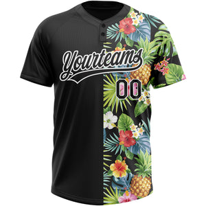 Custom Black White 3D Pattern Hawaii Tropical Pineapples, Palm Leaves And Flowers Two-Button Unisex Softball Jersey