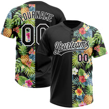 Laden Sie das Bild in den Galerie-Viewer, Custom Black White 3D Pattern Hawaii Tropical Pineapples, Palm Leaves And Flowers Two-Button Unisex Softball Jersey
