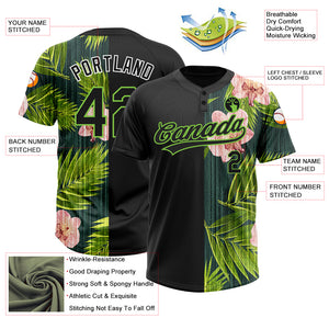 Custom Black Neon Green 3D Pattern Hawaii Tropical Palm Leaves With Orchids Two-Button Unisex Softball Jersey