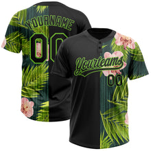 Charger l&#39;image dans la galerie, Custom Black Neon Green 3D Pattern Hawaii Tropical Palm Leaves With Orchids Two-Button Unisex Softball Jersey
