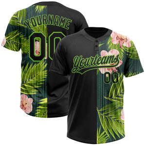 Custom Black Neon Green 3D Pattern Hawaii Tropical Palm Leaves With Orchids Two-Button Unisex Softball Jersey