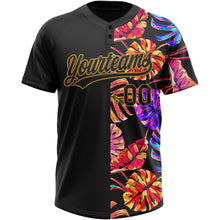 Загрузить изображение в средство просмотра галереи, Custom Black Old Gold 3D Pattern Hawaii Tropical Palm Leaves Two-Button Unisex Softball Jersey
