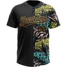 Загрузить изображение в средство просмотра галереи, Custom Black Old Gold 3D Pattern Hawaii Tropical Palm Leaves With Animal Print Two-Button Unisex Softball Jersey
