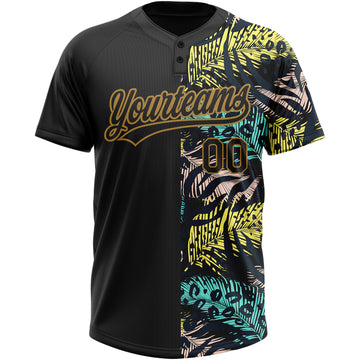 Custom Black Old Gold 3D Pattern Hawaii Tropical Palm Leaves With Animal Print Two-Button Unisex Softball Jersey