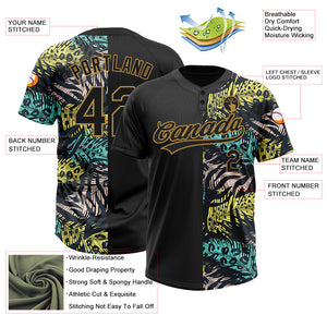 Custom Black Old Gold 3D Pattern Hawaii Tropical Palm Leaves With Animal Print Two-Button Unisex Softball Jersey