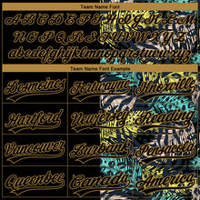 Laden Sie das Bild in den Galerie-Viewer, Custom Black Old Gold 3D Pattern Hawaii Tropical Palm Leaves With Animal Print Two-Button Unisex Softball Jersey
