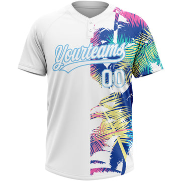 Custom White Light Blue 3D Pattern Hawaii Palm Trees Two-Button Unisex Softball Jersey