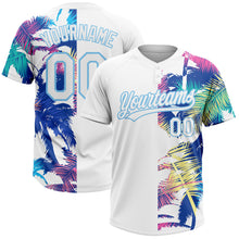 Загрузить изображение в средство просмотра галереи, Custom White Light Blue 3D Pattern Hawaii Palm Trees Two-Button Unisex Softball Jersey
