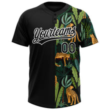 Laden Sie das Bild in den Galerie-Viewer, Custom Black White 3D Pattern Leopards And Tropical Palm Leaves Two-Button Unisex Softball Jersey
