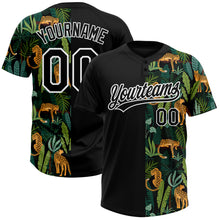 Laden Sie das Bild in den Galerie-Viewer, Custom Black White 3D Pattern Leopards And Tropical Palm Leaves Two-Button Unisex Softball Jersey
