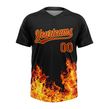 Laden Sie das Bild in den Galerie-Viewer, Custom Black Red-Gold 3D Pattern Design Flame Two-Button Unisex Softball Jersey
