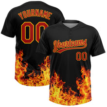 Laden Sie das Bild in den Galerie-Viewer, Custom Black Red-Gold 3D Pattern Design Flame Two-Button Unisex Softball Jersey
