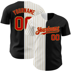 Custom Black Red-Old Gold Pinstripe Authentic Split Fashion Baseball Jersey