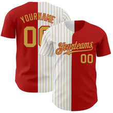 Laden Sie das Bild in den Galerie-Viewer, Custom Red White-Old Gold Pinstripe Authentic Split Fashion Baseball Jersey
