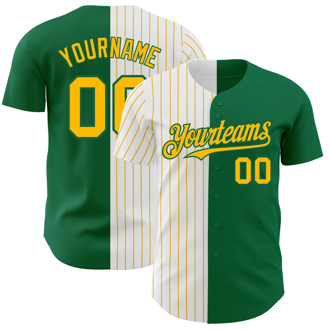 Custom Kelly Green White-Gold Pinstripe Authentic Split Fashion Baseball Jersey