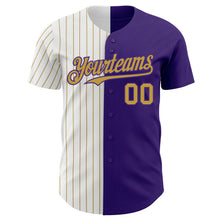 Load image into Gallery viewer, Custom Purple White-Old Gold Pinstripe Authentic Split Fashion Baseball Jersey
