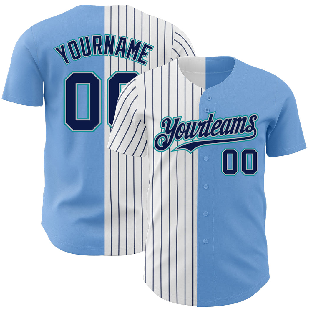 Custom Light Blue Gray Teal-Navy Pinstripe Authentic Split Fashion Baseball Jersey