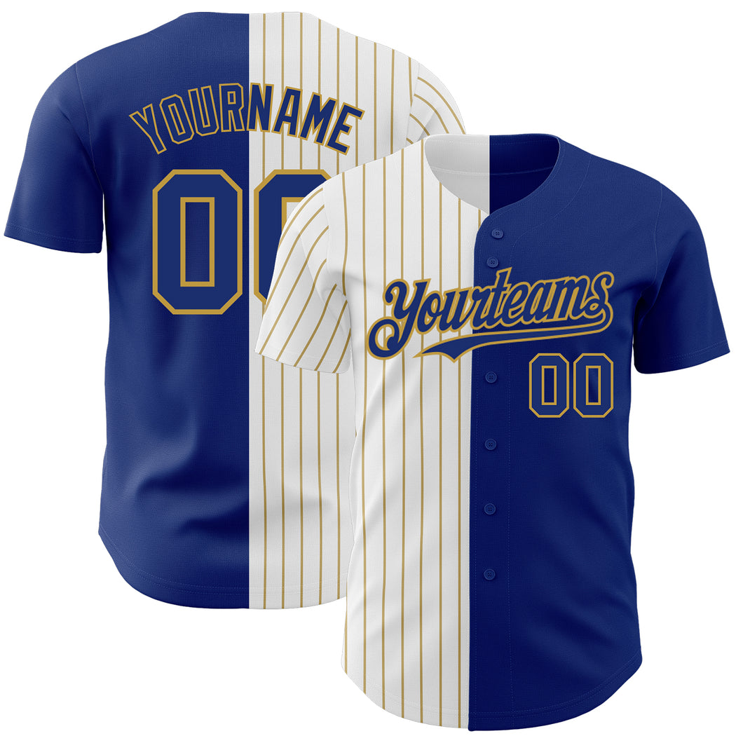 Custom Royal White-Old Gold Pinstripe Authentic Split Fashion Baseball Jersey