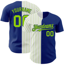 Load image into Gallery viewer, Custom Royal White-Neon Green Pinstripe Authentic Split Fashion Baseball Jersey
