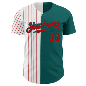 Custom Teal White-Red Pinstripe Authentic Split Fashion Baseball Jersey