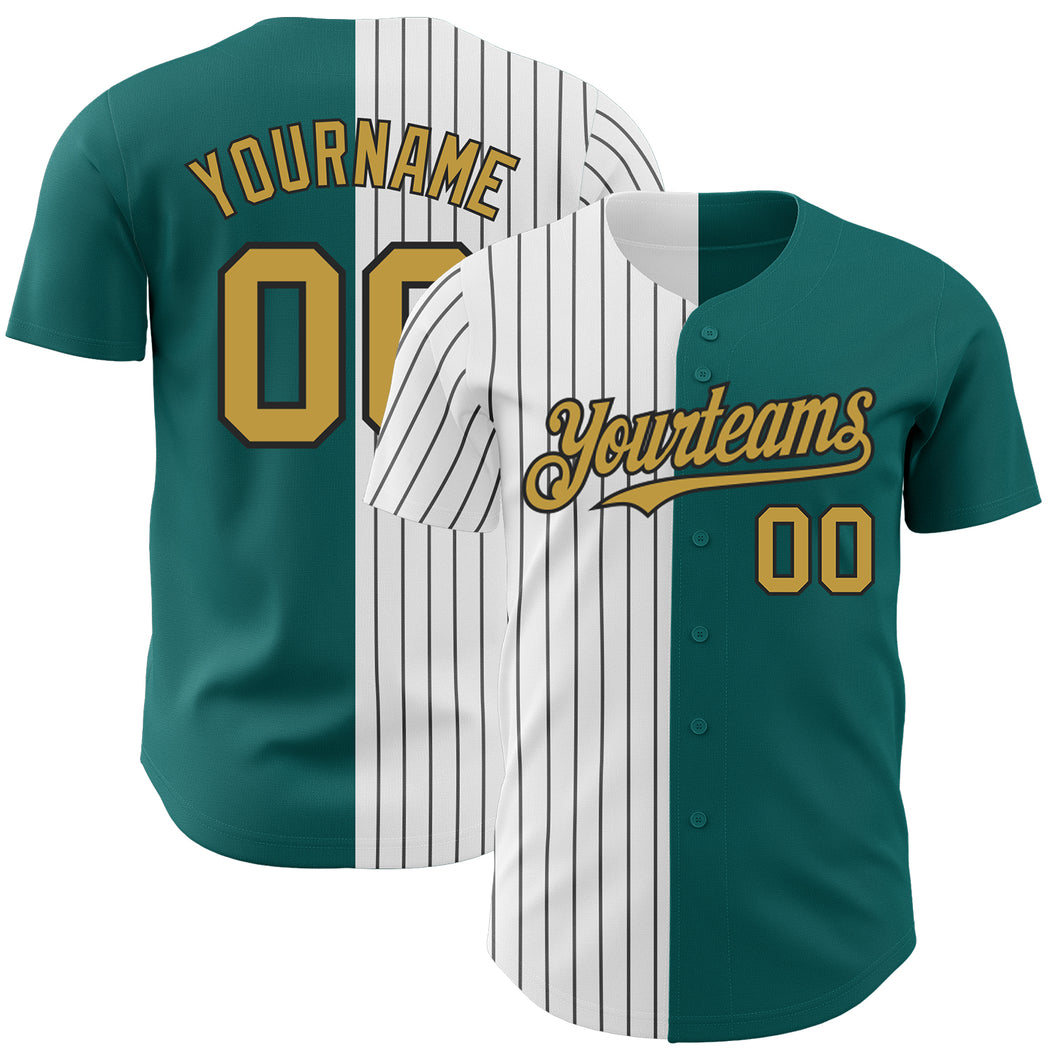 Custom Teal Old Gold-Black Pinstripe Authentic Split Fashion Baseball Jersey