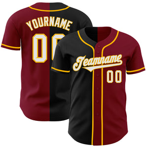 Custom Crimson Black-Gold Authentic Split Fashion Baseball Jersey