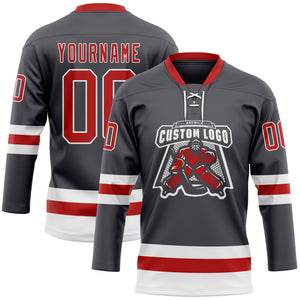 Custom Steel Gray Red-White Hockey Lace Neck Jersey