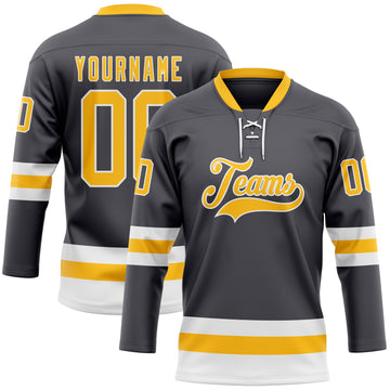 Custom Steel Gray Gold-White Hockey Lace Neck Jersey