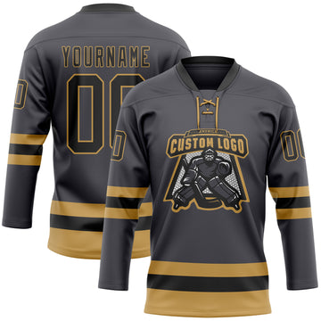 Custom Steel Gray Black-Old Gold Hockey Lace Neck Jersey