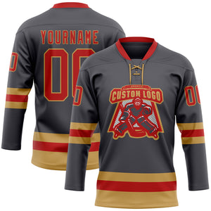 Custom Steel Gray Red-Old Gold Hockey Lace Neck Jersey