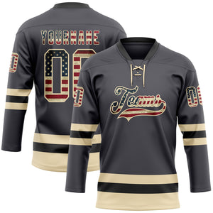 Custom Steel Gray Vintage USA Flag Cream-Black Hockey Lace Neck Jersey