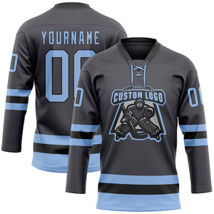 Custom Steel Gray Light Blue-Black Hockey Lace Neck Jersey