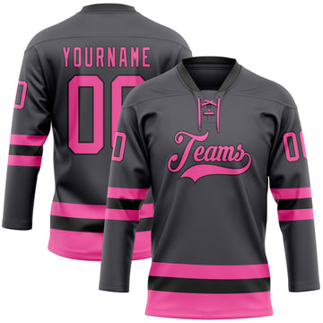 Custom Steel Gray Pink-Black Hockey Lace Neck Jersey