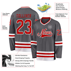 Custom Steel Gray Red-White Hockey Jersey