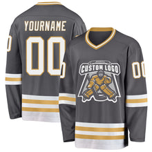 Load image into Gallery viewer, Custom Steel Gray White-Old Gold Hockey Jersey
