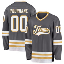 Load image into Gallery viewer, Custom Steel Gray White-Old Gold Hockey Jersey
