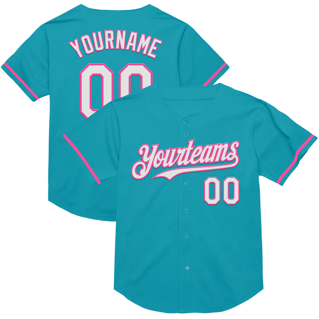 Custom Teal White-Pink Mesh Authentic Throwback Baseball Jersey