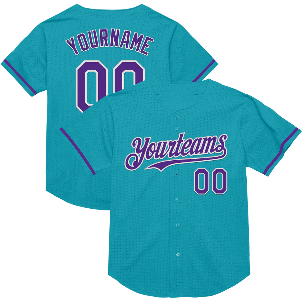 Custom Teal Purple-White Mesh Authentic Throwback Baseball Jersey