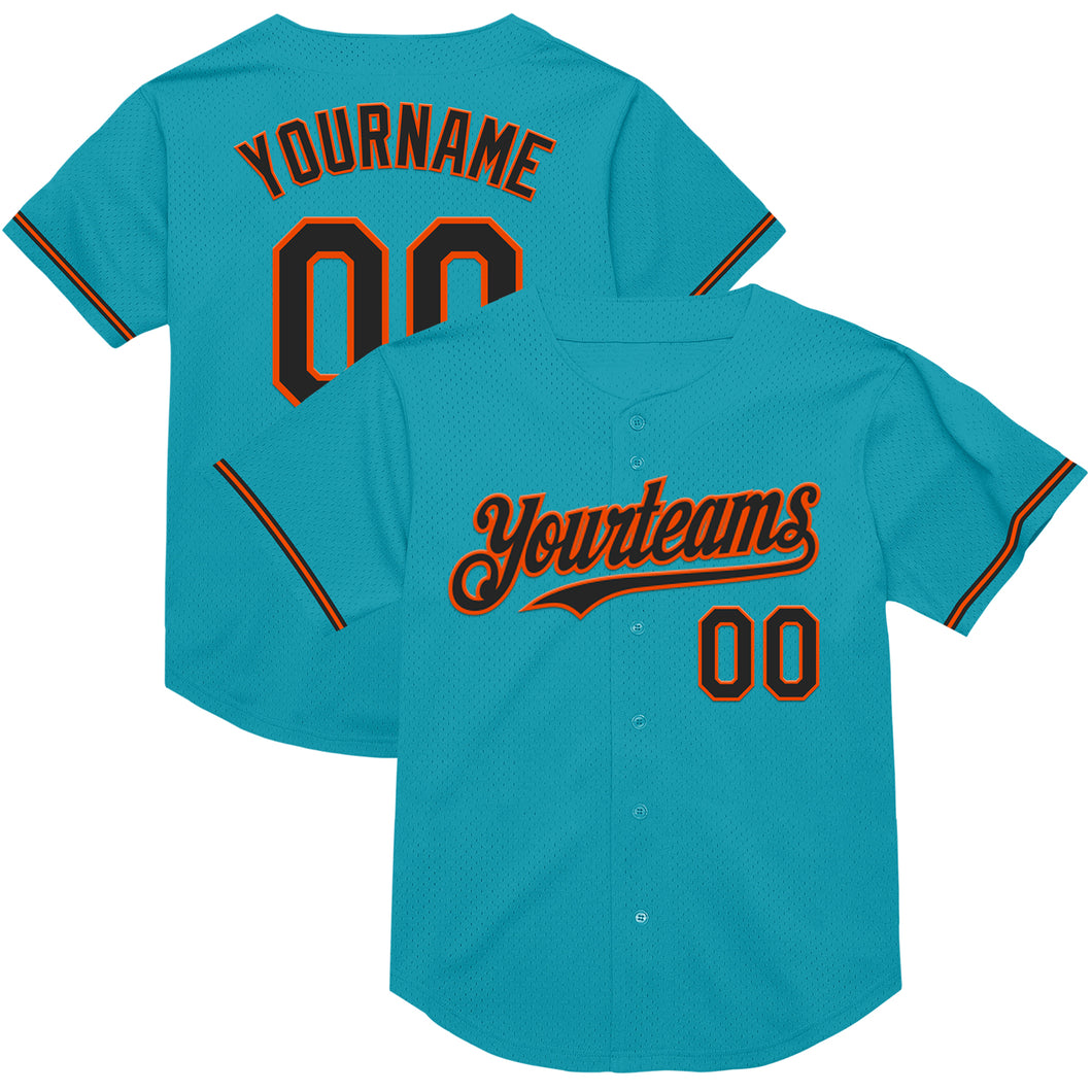 Custom Teal Black-Orange Mesh Authentic Throwback Baseball Jersey