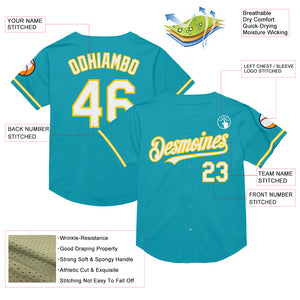 Custom Teal White-Yellow Mesh Authentic Throwback Baseball Jersey