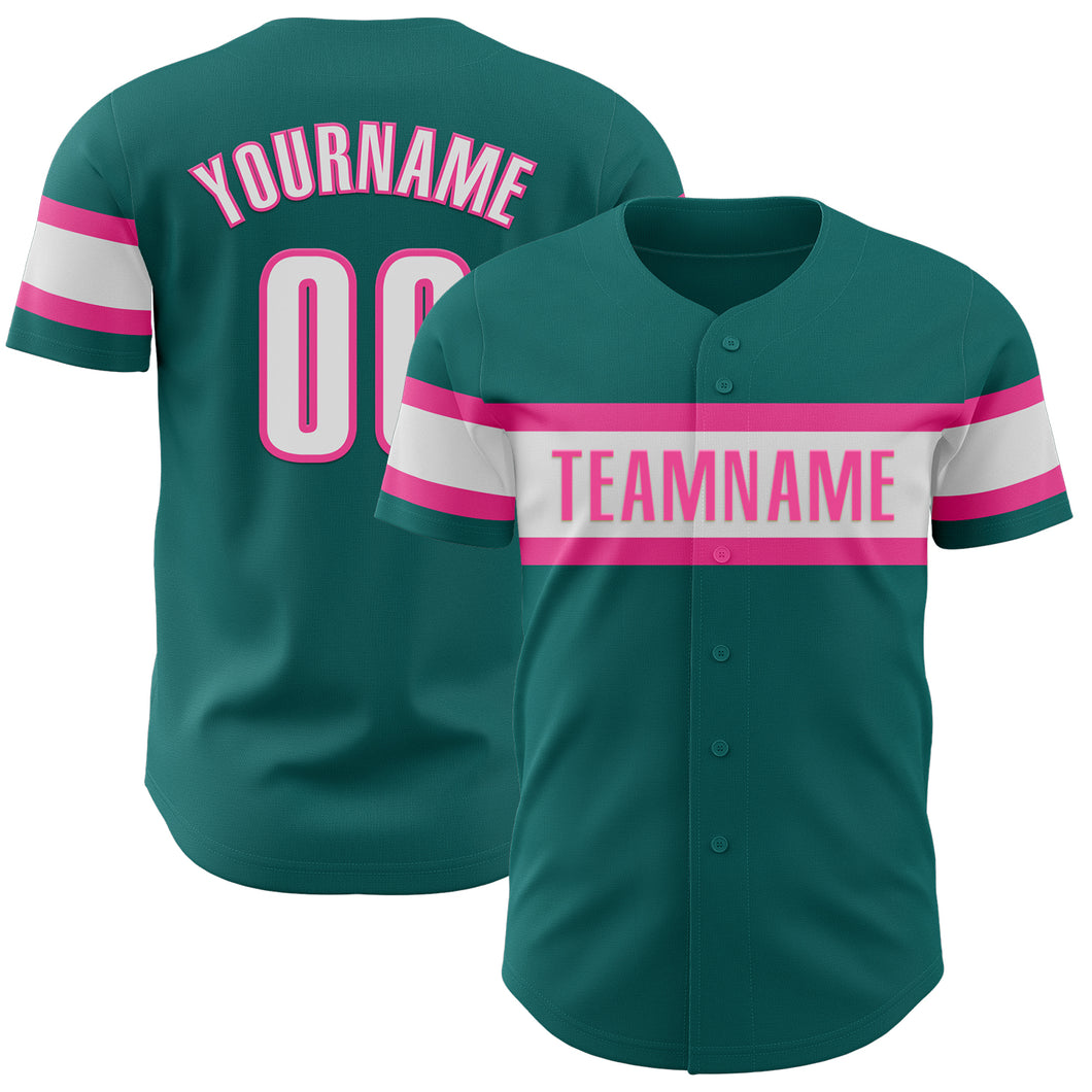 Custom Teal White-Pink Authentic Baseball Jersey