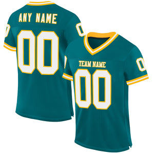 Custom Teal White-Gold Mesh Authentic Throwback Football Jersey